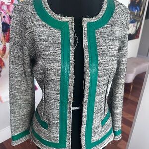 Marissa Webb Gray Tweed Open-Front Jacket with Green Trim